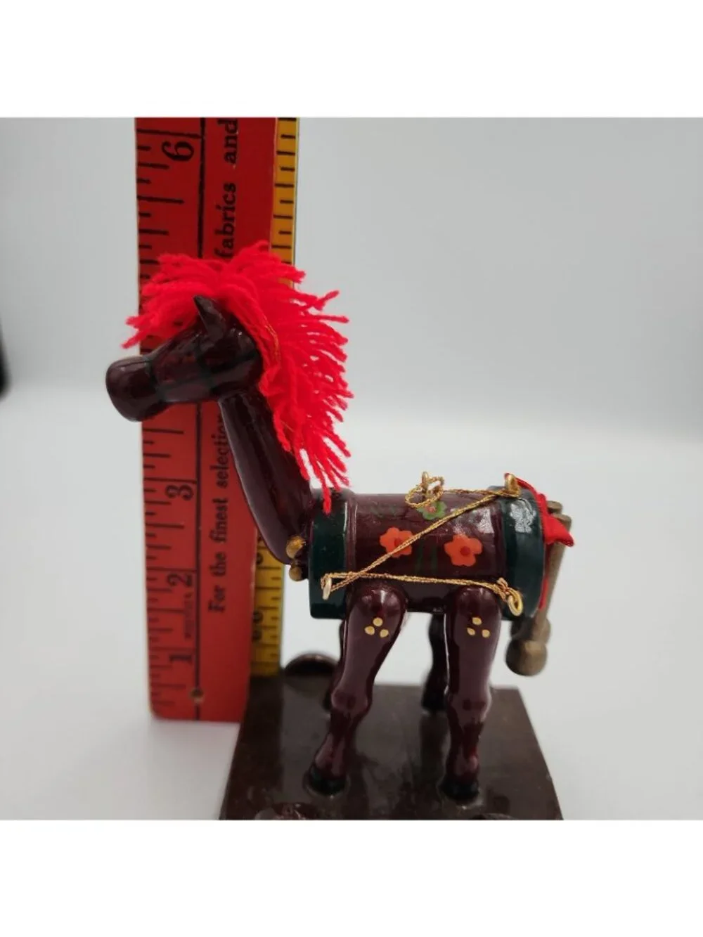 Vintage Wooden Horse Christmas Ornament Platform Drum Yellow Flowers 4.75